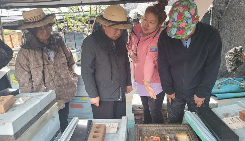 송두환 위원장(왼쪽 두번째)이 양봉 농장의 피해상황을 살펴보고 있다.