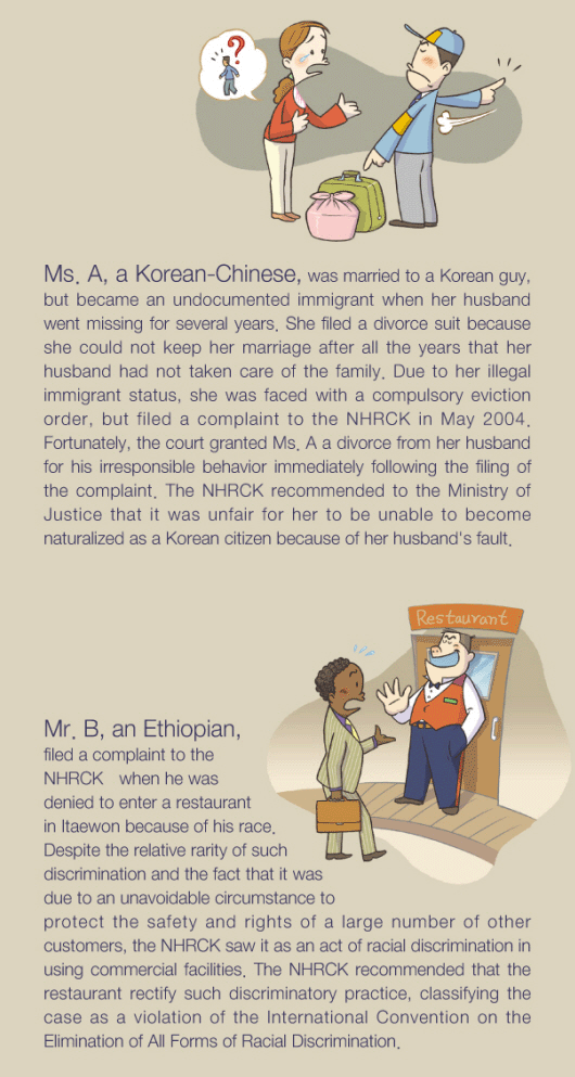 Case of Ms. A, a Korea-Chinese, was married to a Korean guy, but became an undocumented immigrant when her husband went missing for several years, She filed a divorce suit because she could not keep her marriage after all the years that her husband had not taken care of the family. Due to her illegal immigrant status, she was faced with a compulsory eviction order, but filed a complaint to the NHRCK in May 2004. Fortunately, the court granted Ms. A a divorce from her husband for his irresponsible behavior immediately following the filling of the complaint, The NHRCK recommended to the Ministry of Justice that it was unfair for her to be unable to become naturalized as a Korean citizen because of her husband's fault. Mr.B, an Ethiopian, filed a complaint to the NHRCK when he was denied to enter a restaurant in Itaewon because of his race. Despite the relative rarity of such discrimination and the fact that it was due to an unavoidable circumstance to protect the safety and rights of a large number of other customers, the NHRCK saw it as an act of racial discrimination in using commercial facilities. The NHRCK recommended that the restaurant rectify such discriminatory practice, classifying the case as a violation of the International Convention on the Elimination of All Forms of Racial Discrimination.