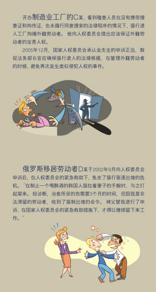 A factory owner, Mr. C, witnessed several cases of unwarranted assaults on migrant workers. Mr. Kim submitted a complaint to the National Human Rights Commission of Korea(NHRCK), hoping to prevent future unlawful assaults. In December 2005, the Commission accepted Mr. Kim's claims and recommended that the Ministry of Justice establish legal standards to prevent the recurrence of such cases. A Russian migrant worker, Mr. D, was to be compulsorily evicted from Korea, but filed a complaint to the NHRCK. The NHRCK reviewed his complaint in September 2002 and recommended that his case be emergently relieved. 'I tried to stop a drunken Korean guy who grabbed my wifef's wrist and was instantly involved in fighting with him. Although I was injured to take three months to heal completely, I was ordered an eviction from Korea because of my status as an undocumented migrant worker. A priest filed a complaint to the NHRCK for me and I was able to keep working in Korea after the NHRCK issued a recommendation for an emergent relief.