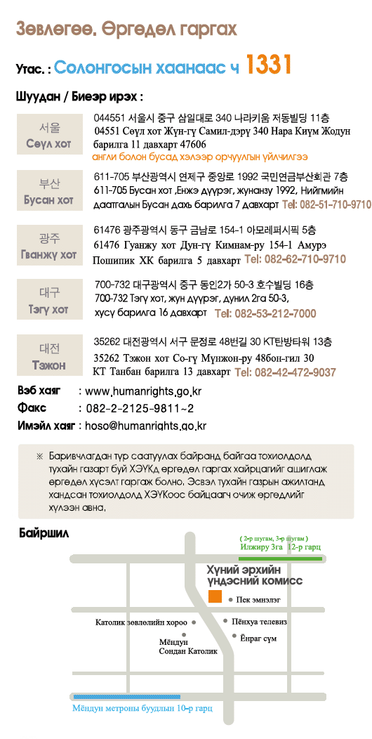For Counseling and Filing a Complaint, By Phone: Just dial 1331 No area code necessary Postal Mail / Visit : Seoul Narakium Jeo-dong Bldg., 340, Samil-daero, Jung-gu, Seoul, Korea 04551 ※ Translation services are provided,  Busan 1000 Jungangdae-Ro, Yeonje-gu, Busan, Korea 47606 Tel:082-51-710-9710,  Gwangju 514-1 Geumnam-ro, Dong-gu, Gwangju, Korea 61476 Tel:082-62-710-9710,  Daegu 16th 648 Gukchaebosang-ro, Jung-gu, Daegu, Korea 41939 Tel:082-53-212-7000, Daejeon 48-gil Munjeong-ro, Seo-gu, Daejeon, Korea 35263 Tel:082-42-472-9037 Webpage : www.humanrights.go.kr, Fax : 02)2125-9811~2, E-Mail : hoso@humanrights.go.kr  ※ For those who are in a detention or protective facility, please use the NHRCK complaint box placed in each facility. Complaints of person-to-person can be requested through the facility's staffs. Investigators from the Commission will visit the facility to receive complaints directly.