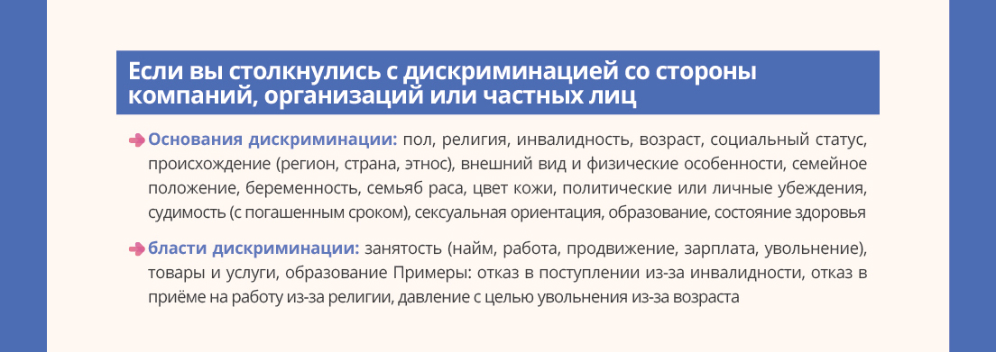 Если вы столкнулись с дискриминацией со стороны компаний, организаций или частных лиц.- Основания дискриминации: пол, религия, инвалидность, возраст, социальный статус, происхождение (регион, страна, этнос), внешний вид и физические особенности, семейное положение, беременность, семьябраса, цвет кожи, политические или личные убеждения, судимость (с погашенным сроком), сексуальная ориентация, образование, состояние здоровья - Области дискриминации:занятость (найм, работа, продвижение, зарплата, увольнение), товары и услуги, образование. Примеры: отказ в поступлении из-за инвалидности, отказ в приёме на работу из-за религии, давление с целью увольнения из-за возраста
