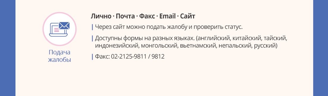 Подача жалобы Лично  Почта  Факс  Email  Сайт Через сайт можно подать жалобу и проверить статус. Доступны формы на разных языках .
(английский, китайский, тайский, индонезийский, монгольский, вьетнамский, непальский, русский)Факс: 02-2125-9811 / 9812