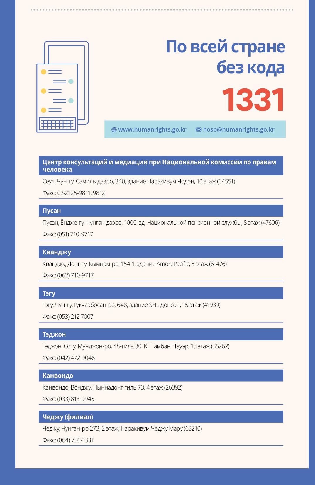 По всей стране без кода 1331. www.humanrights.go.kr.hoso@humanrights.go.kr.Центр консультаций и медиации при Национальной комиссии по правам человека. Сеул, Чун-гу, Самиль-даэро, 340, здание НаракивумЧодон, 10 этаж (04551) Факс: 02-2125-9811, 9812. Пусан.Пусан, Ёндже-гу, Чунган-даэро, 1000, зд. Национальной пенсионной службы, 8 этаж (47606)Факс:(051)710-9717.Кванджу.Кванджу, Донг-гу, Кымнам-ро, 154-1, здание AmorePacific, 5 этаж(61476).Факс:(062)710-9717.Тэгу.Тэгу, Чун-гу, Гукчаэбосан-ро, 648, здание SHL Донсон, 15 этаж(41939).Факс:(053)212-7007.Тэджон.Тэджон, Согу, Мунджон-ро, 48-гиль 30, KT.ТамбангТауэр, 13 этаж (35262).Факс:(042)472-9046.Канвондо.Канвондо, Вонджу, Ныннадонг-гиль 73, 4 этаж (26392).Факс:(033)813-9945.Чеджу (филиал). Чеджу,Чунган-ро273, 2 этаж, НаракивумЧеджу Мару (63210).Факс:(064)726-1331
